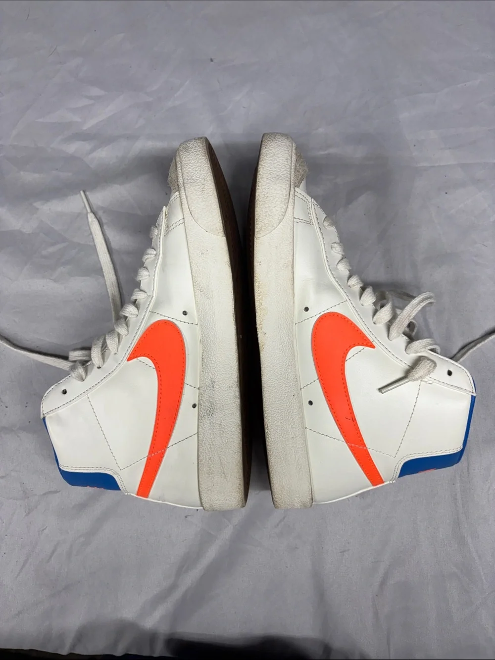 Nike White High-Top Sneakers with Orange Swoosh and Blue Collar - Picture 3 of 3